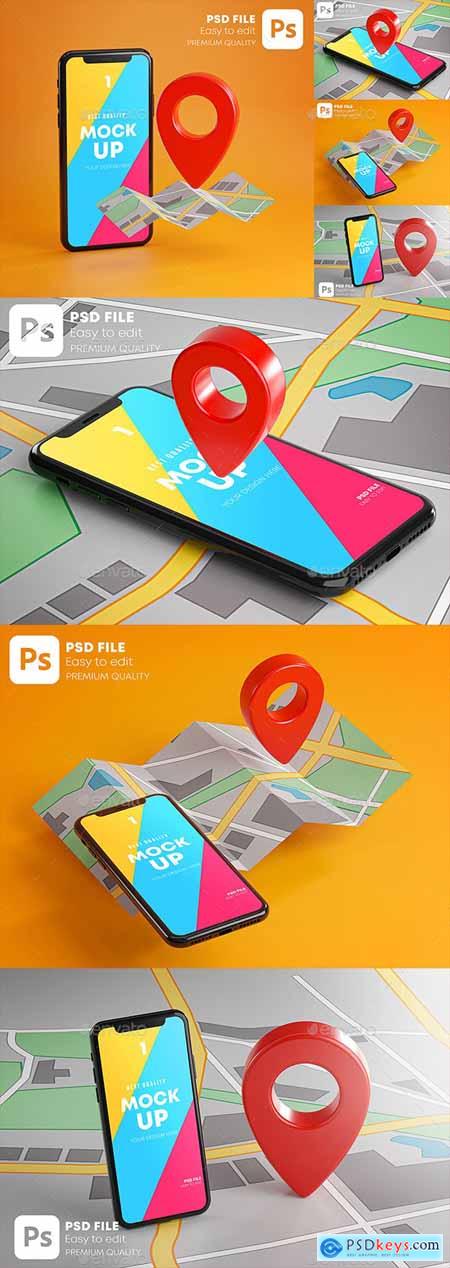 Smartphone Red GPS Pin Point On Map Mockup Pack 28404153