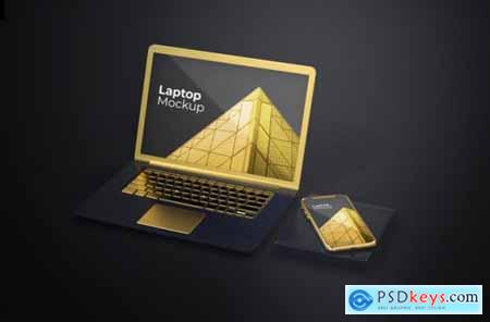 Black gold screen smartphone and macbook mockup