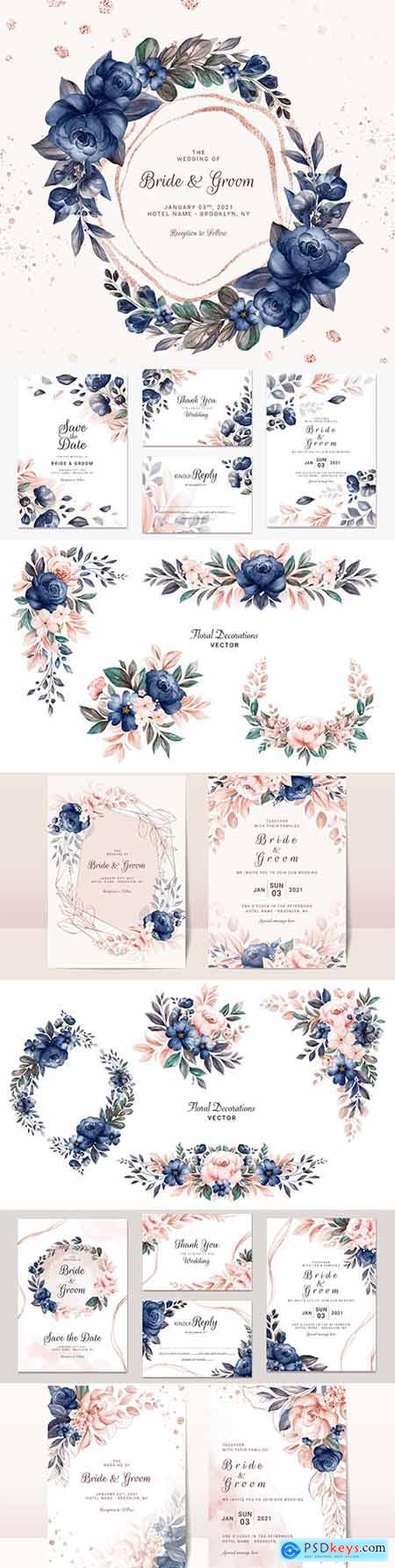 Wedding invitation template watercolor flower and green leaves 10