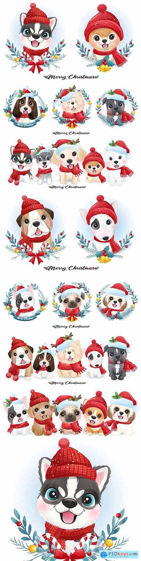 Cute puppy Christmas with watercolor illustration