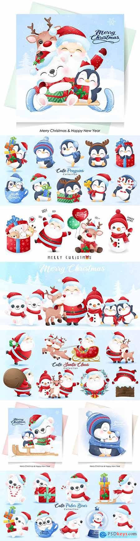 Cute Santa Claus and friends Christmas with watercolor illustration