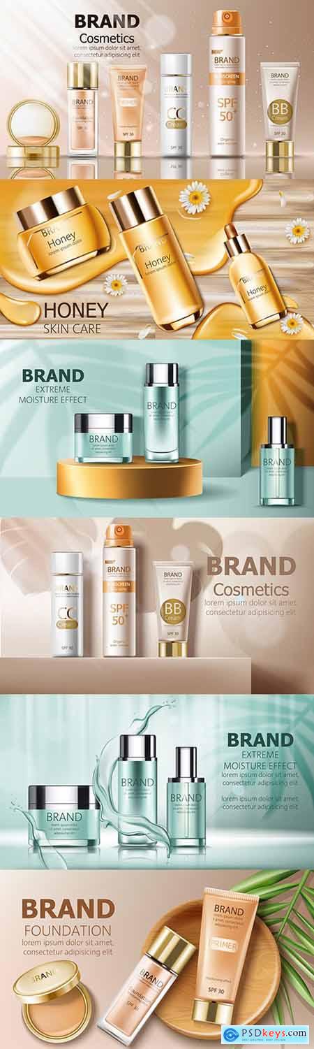 Body sunscreen and cosmetic containers on golden catwalk