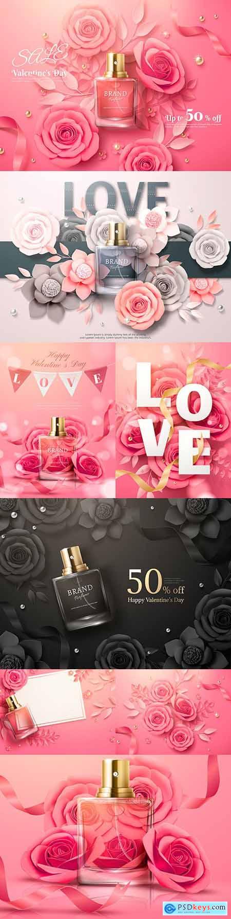 Perfume advertising with pink paper colors 3d illustrations