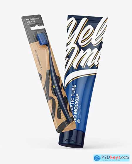 Kraft Toothbrush w- Glossy Cosmetic Tube Mockup 67687