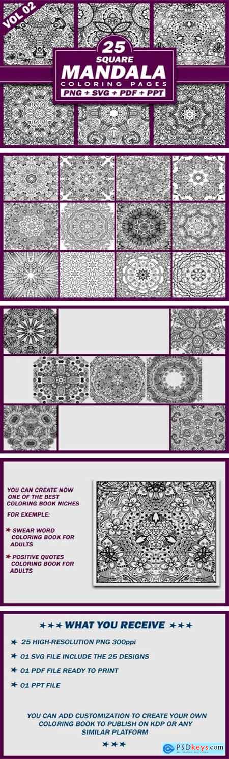 25 Square Mandala Coloring Pages - KDP 5576317