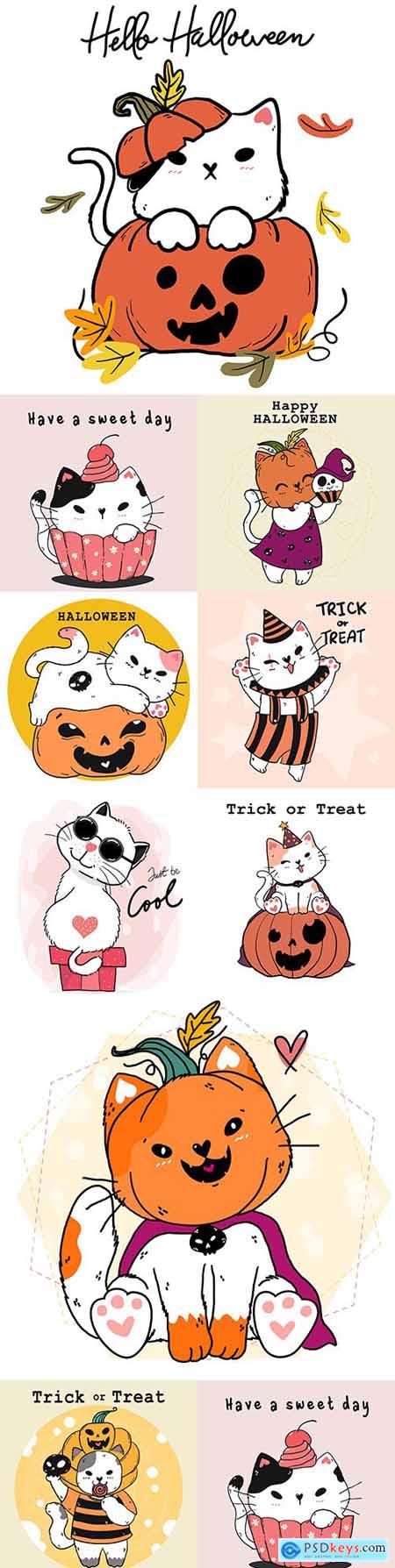 Cute happy cartoon white cat in Halloween costume