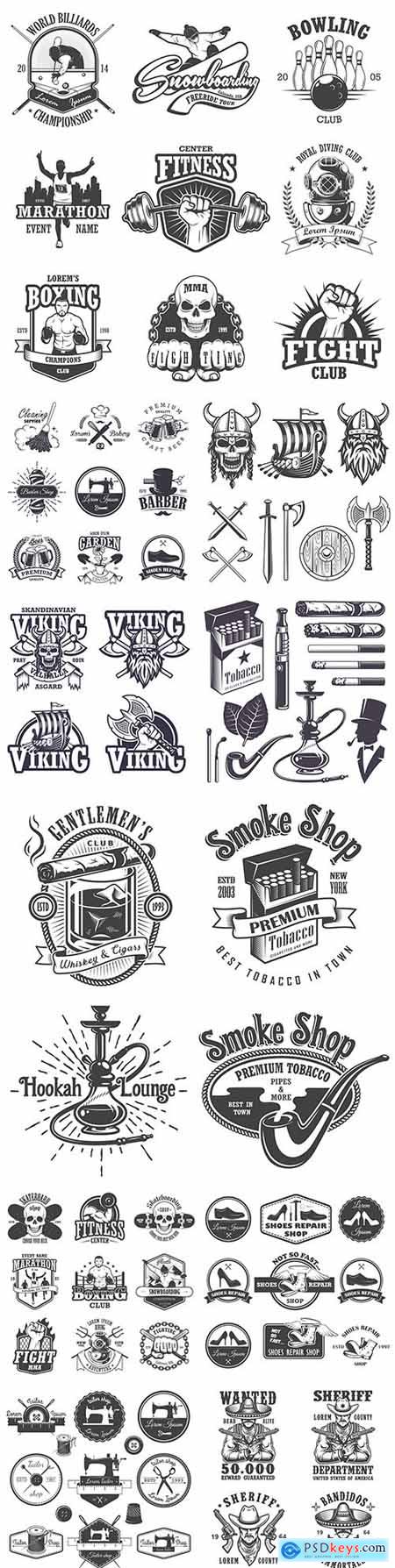 Antique emblems, labels, badges and logos monochrome style