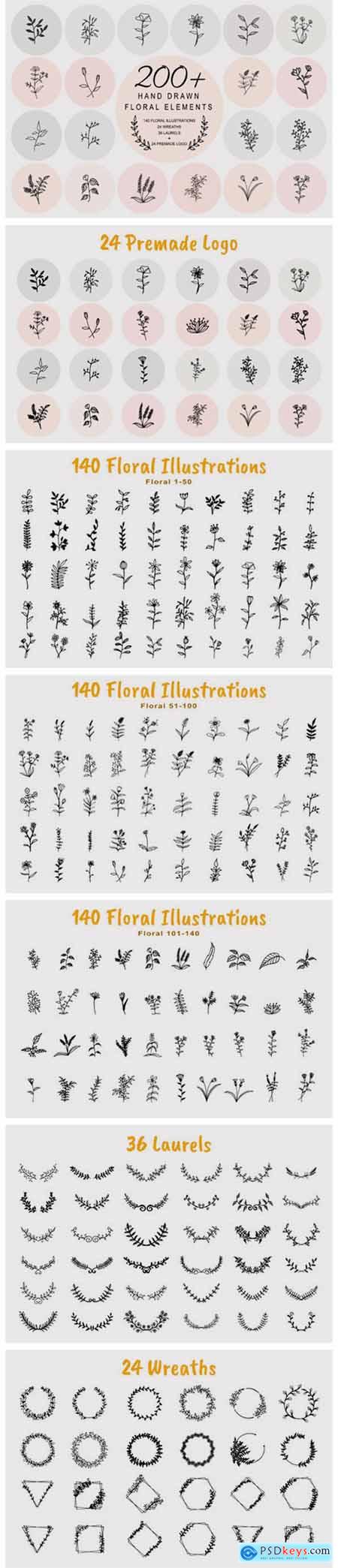 200 Hand Drawn Floral Elements Bundle 5782102