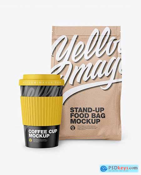 Kraft Stand-Up Bag with Coffee Cup Mockup 67920