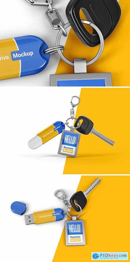 Branded Keychain With Flash Drive Mockup