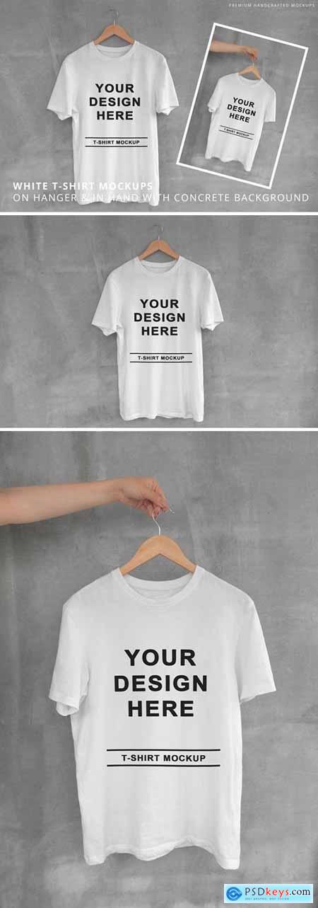 White T-Shirt on Hanger with Concrete Background