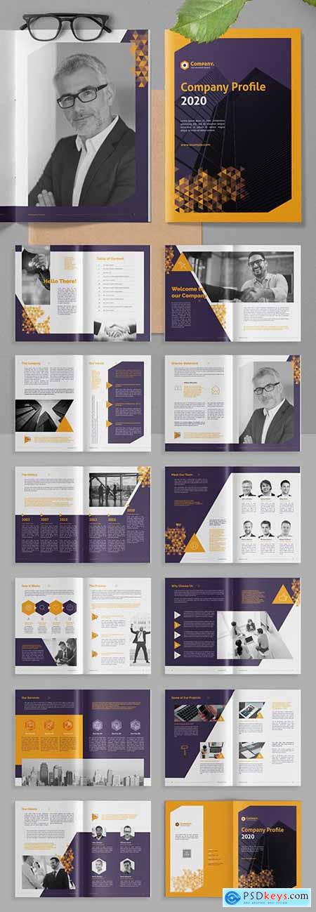 Company Profile Brochure Layout with Yellow Gradient Triangle Elements 383380366