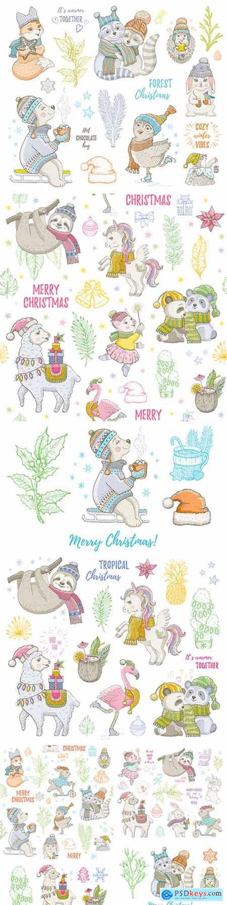 Merry Christmas cute forest beasts painted illustrations