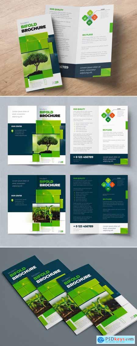 Green Bifold Brochure Layout with Rectangles 387465183
