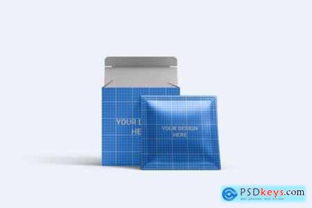 Square sachet with box packaging mockup