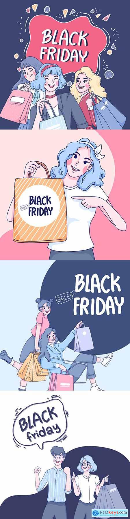 Black Friday and sale special girls with purchases illustration