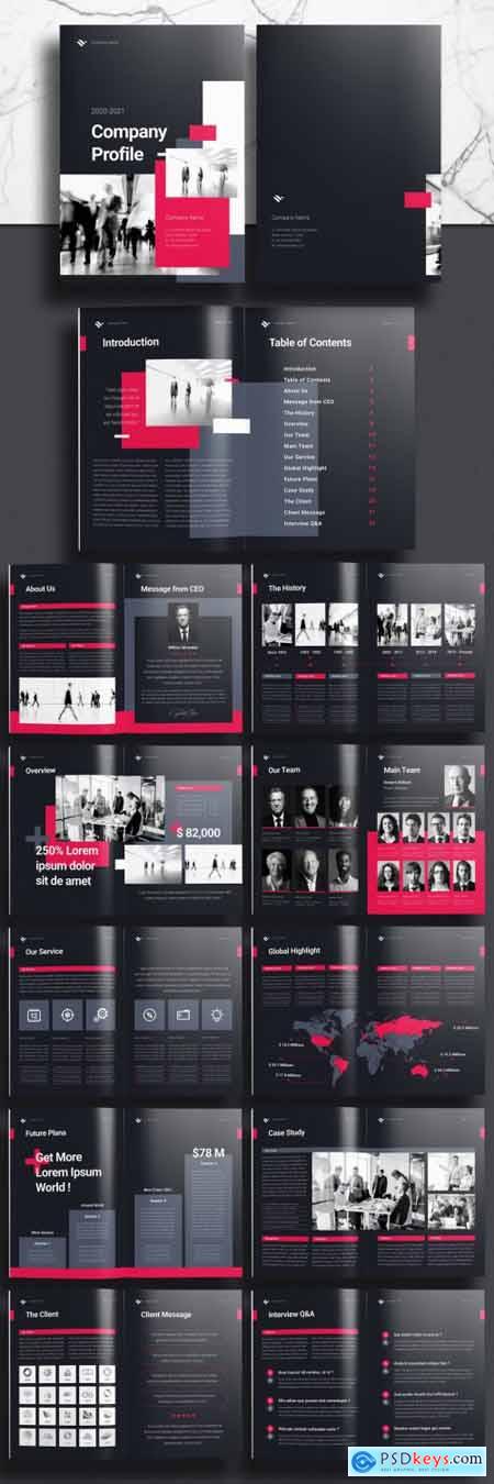 Professional Company Profile Brochure Layout with Black and Pink Accents 391311748