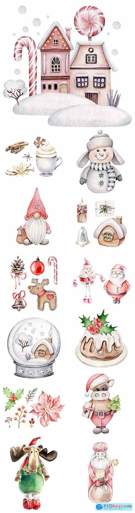Christmas and New Years watercolor set symbol 2021 and elements 2