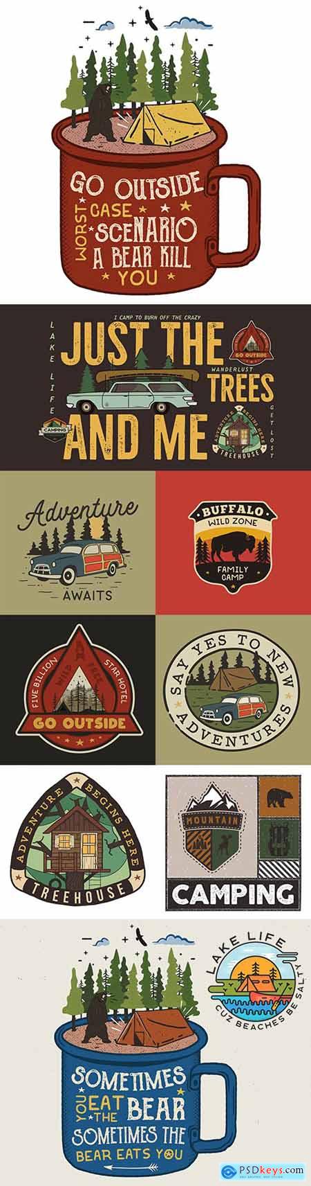 Camping badge design and adventure logo with quote
