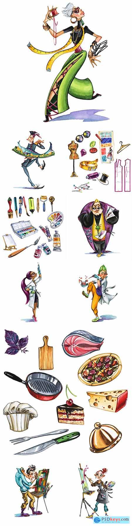 Cartoon characters of different professions and subjects watercolor illustrations