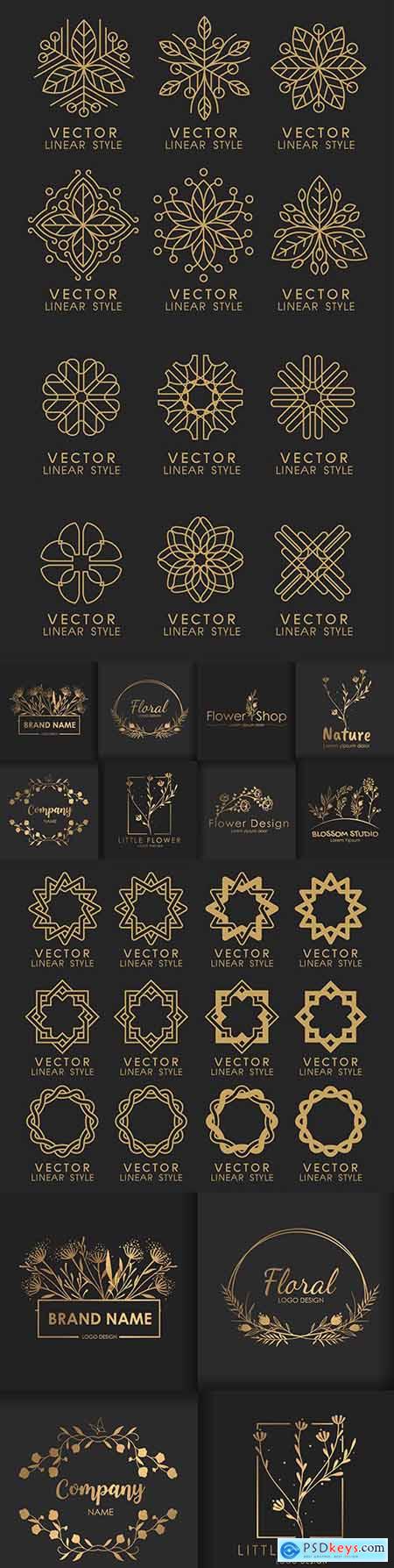 Gold set of linear and floral decorative logos design