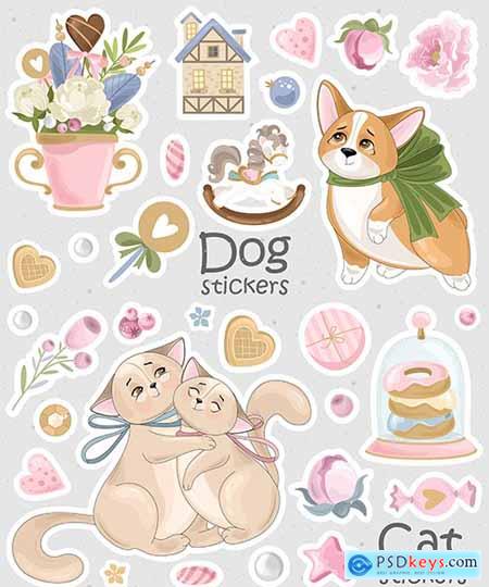 Corgi and cat set stickers and badges pastel design