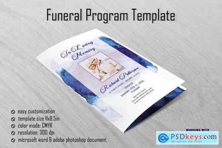 Blue Watercolor Funeral Program 4590874