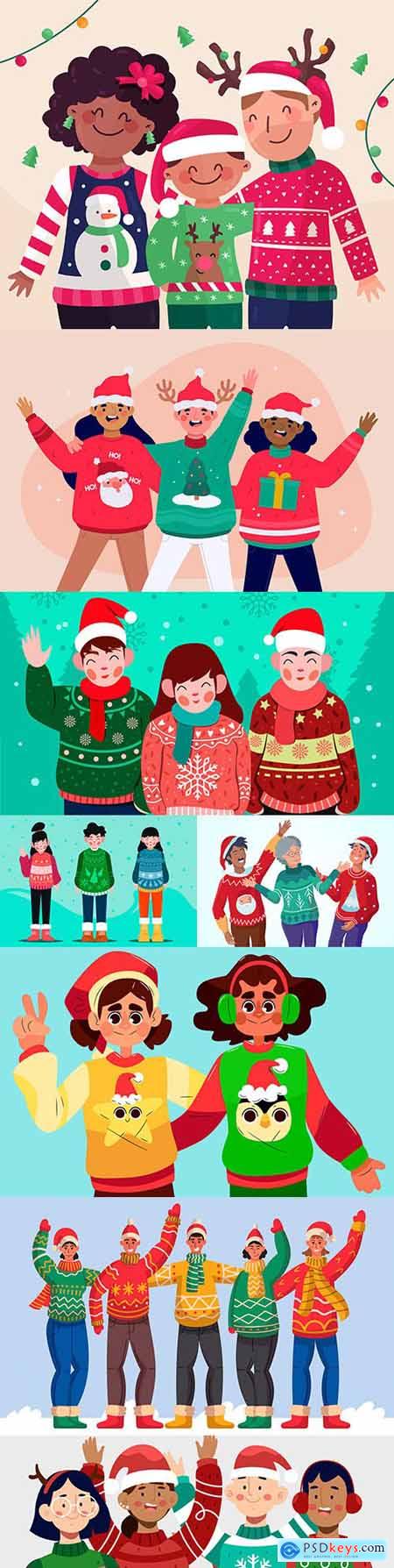Happy people in knit sweaters with Christmas characters