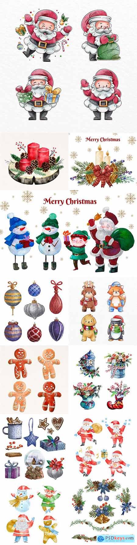 Watercolor Christmas characters and elements collection illustrations