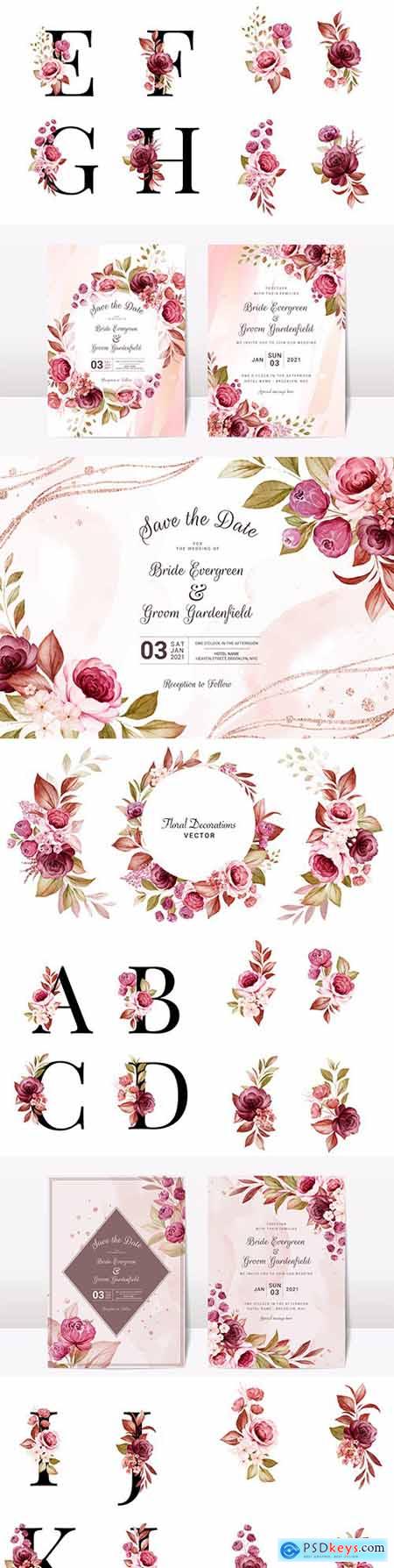 Floral wedding invitation template with letters and elegant roses