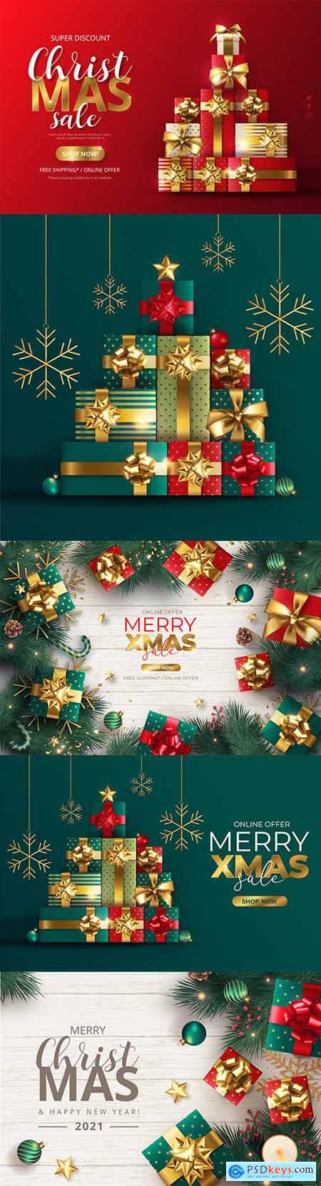 Realistic Christmas sale background with Christmas tree from gifts