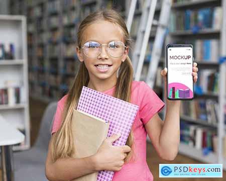 Portrait girl in library showing layout of phone Mockup