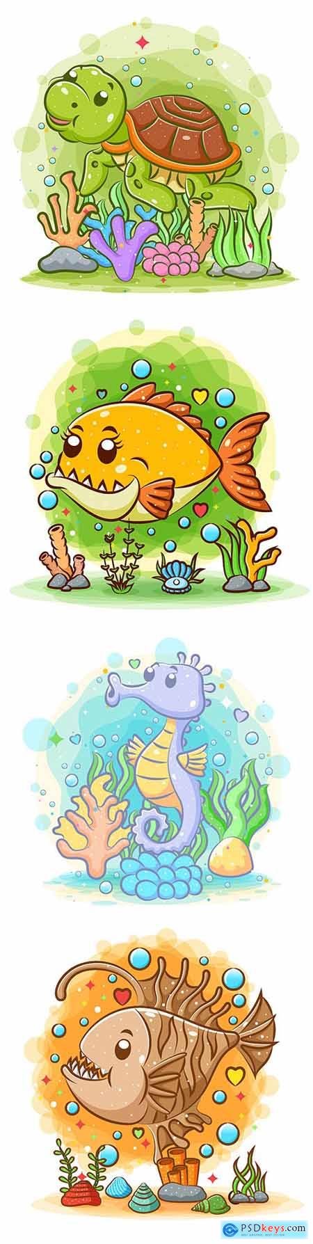 Wildlife and marine dwellers cartoon fish watercolor illustrations