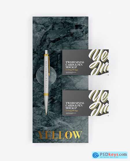 Two Business Cards & Pen with Marble Mockup 70489