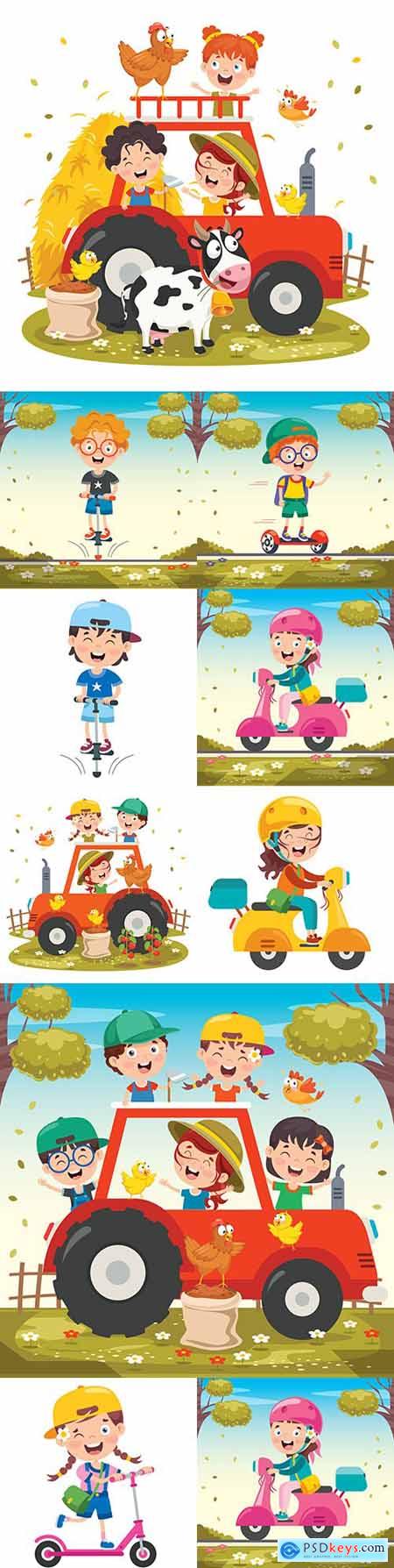 Happy children on scooter in helmet ride and play