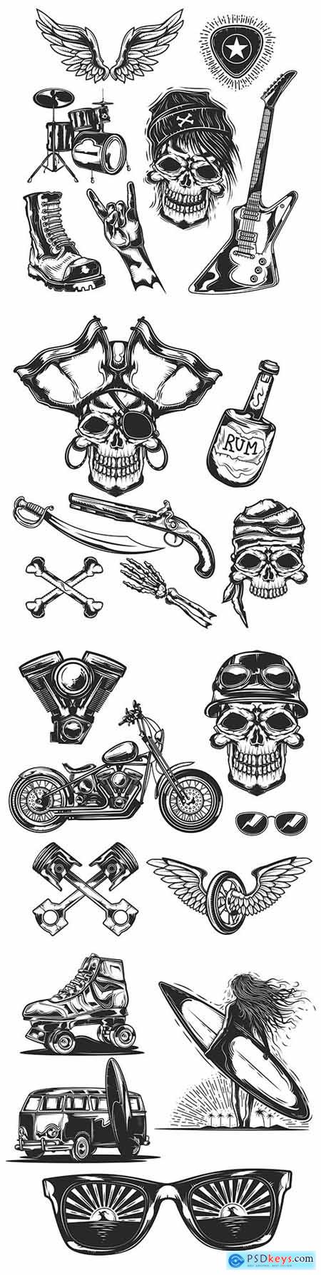 Skull, pirates and biker with motorcycle grunge set elements
