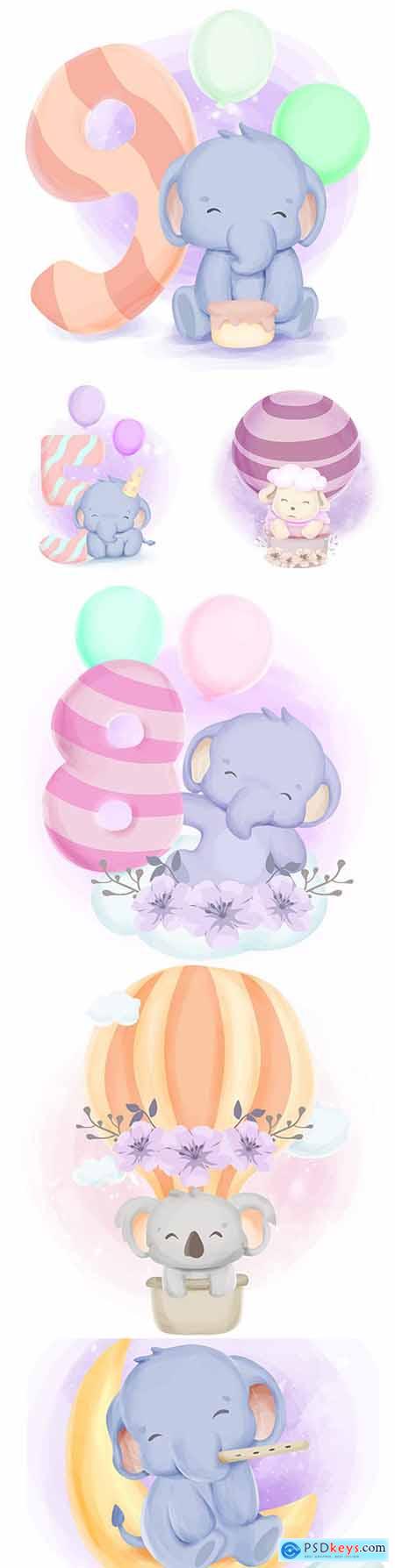 Cute elephant with balls and numbers watercolor illustration