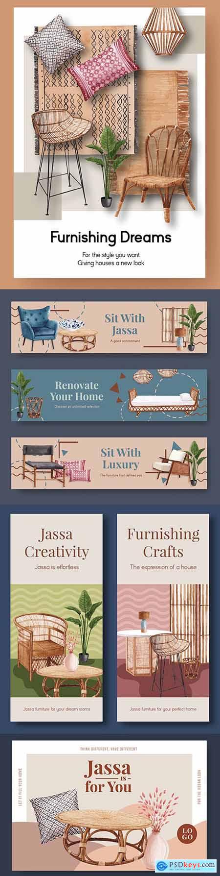 Furniture jassa for brochure and advertising watercolor illustrations