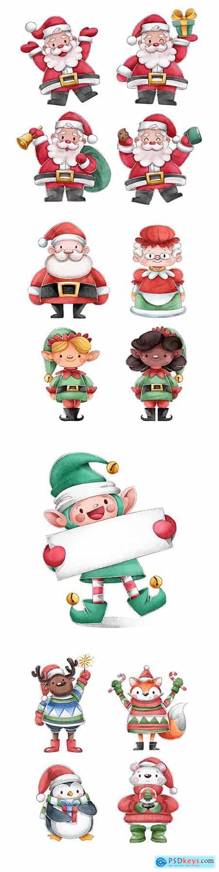 Funny Santa Claus and his friends watercolor illustrations