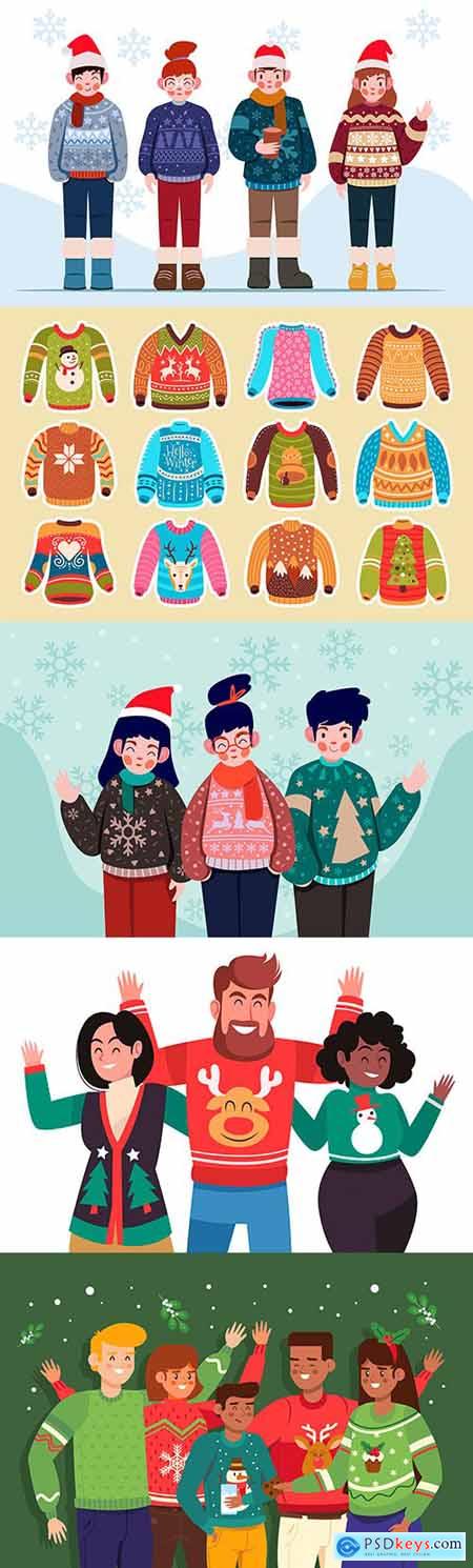 Happy people in knitted sweater with Christmas pattern