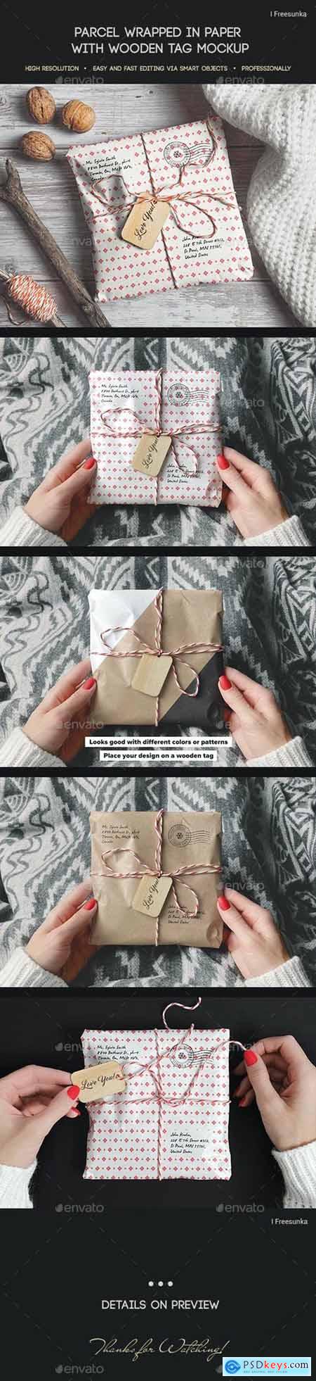 Parcel Wrapped In Paper With Wooden Tag Mockup - 29385413