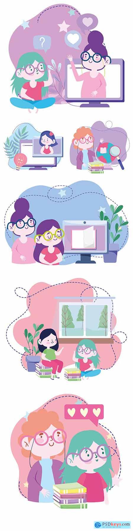 Online education and homework painted flat illustrations