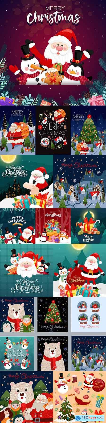 Merry Christmas Santa Claus and gift box themed painted illustrations