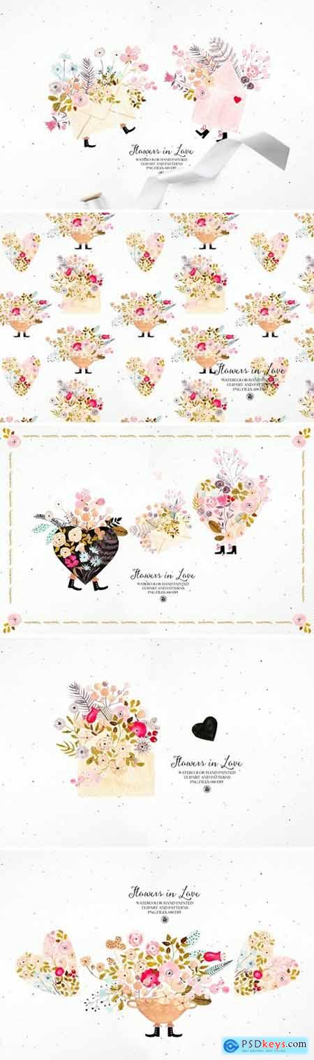 Flowers in Love - watercolor set with patterns
