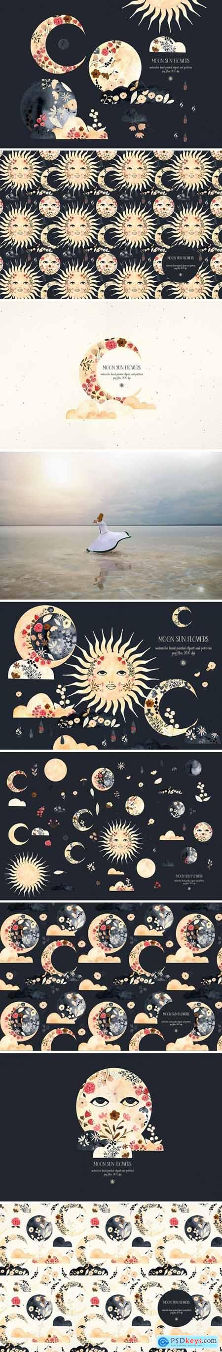 Moon Sun Flowers - watercolor set