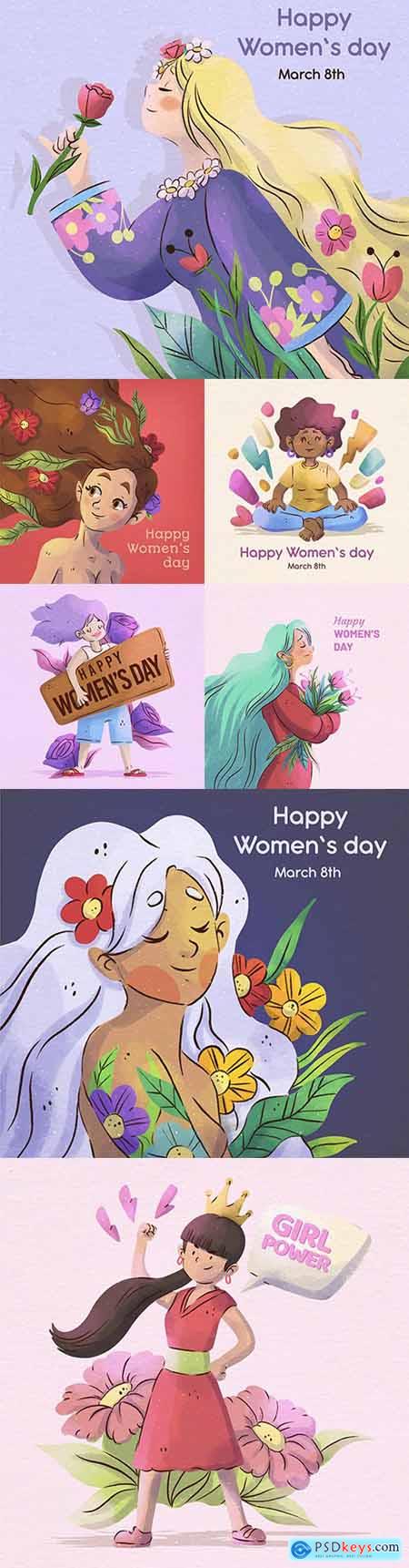 Happy Womens Day March 8 watercolor illustration
