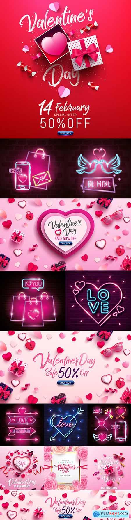 Valentines Day romantic elements and icons neon lights illustrations
