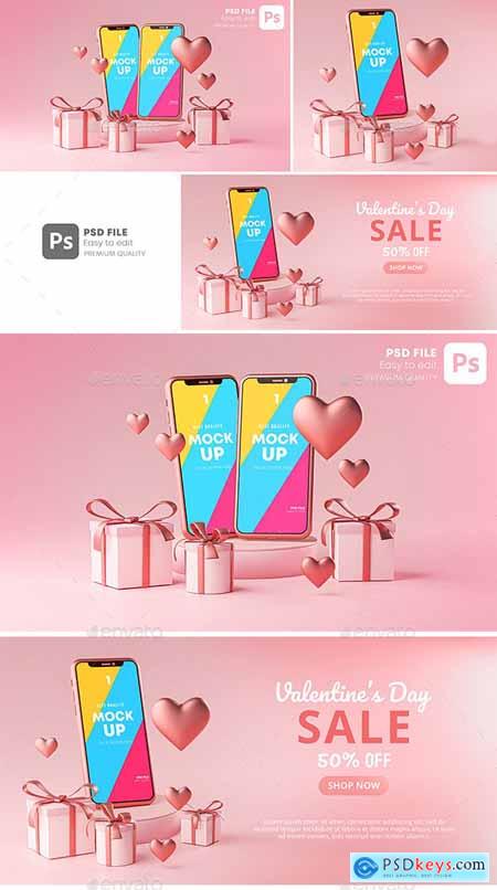 Smartphone Mockup Valentine Day Sale Love Heart Shape and Gift Box 3D Rendering 30090503