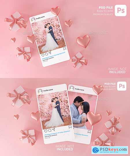Instagram Post Mockup Template Valentine Wedding Love Heart Shape and Gift Box 3D Rendering 30090323