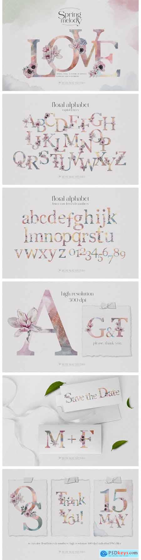Watercolor Floral Alphabet Numbers PNG 7635111